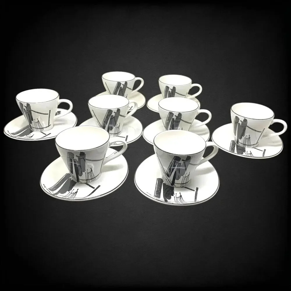 Vintage 1986 Sango Larry Laslo Calligraphy 8 Cup Saucer Sets 16 Pc Postmodern